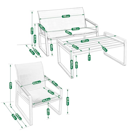 Zestaw Mebli Ogrodowych 2X Krzesło Sofa Stolik Komplet Aluminium Na Taras
