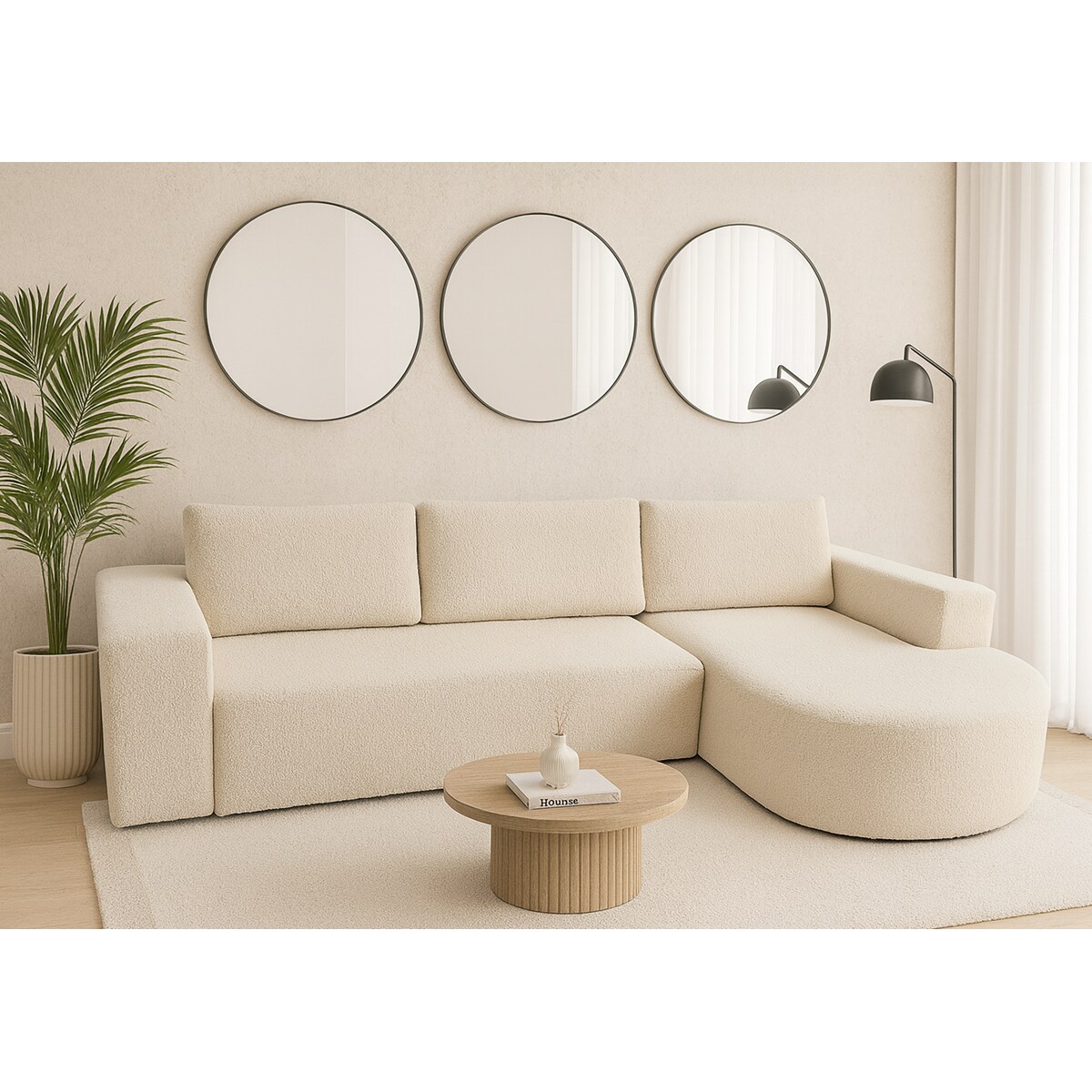 Narożnik Vello z funkcją spania do salonu, prawostronny-boucle-Catch Me beż