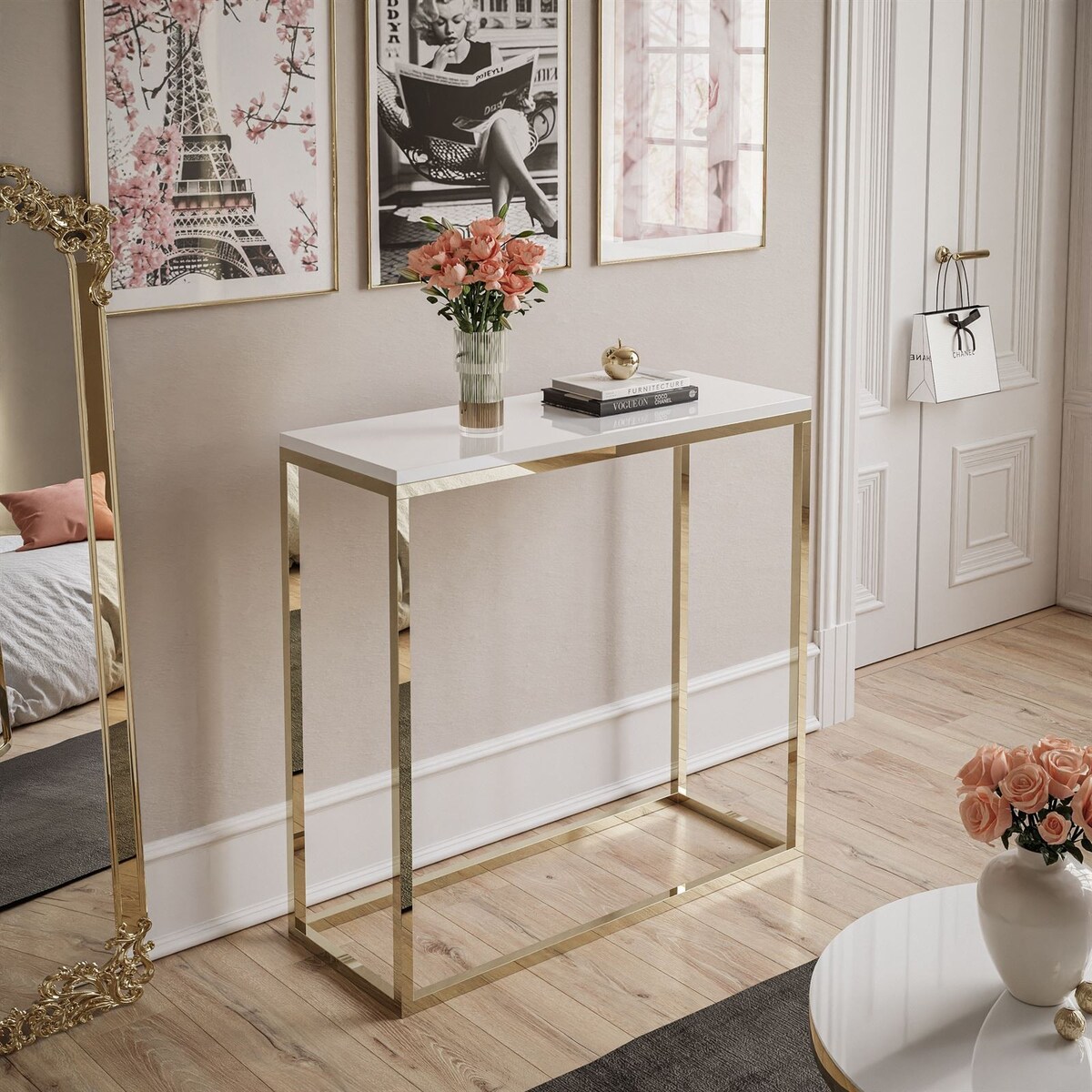 Konsola MODERN ZŁOTY CHROM 80cm, złoty chrom / biały połysk