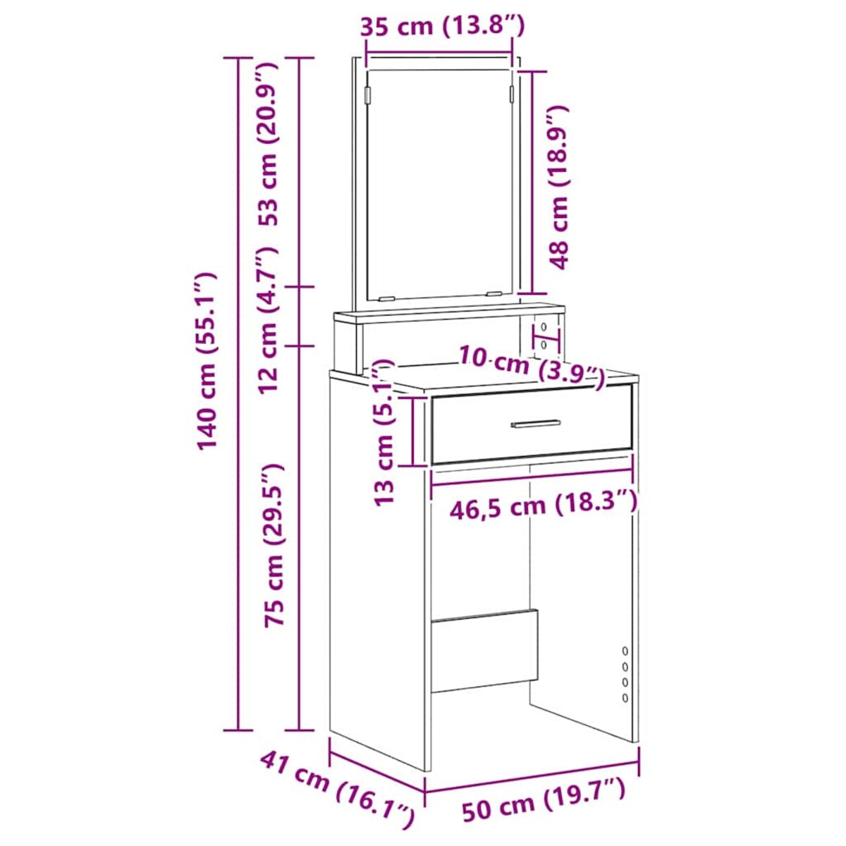 vidaXL Toaletka z półką Biały 50 x 41 x 140 cm Materiał drewnopochodny