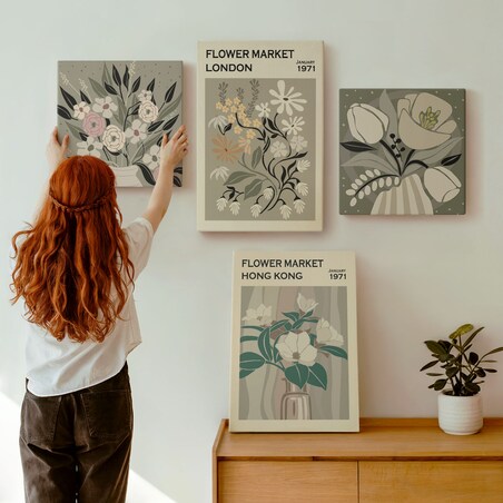 Zestaw 4 obrazów na płótnie - Kwiatowe ilustracje Londyn Hongkong boho - zielony