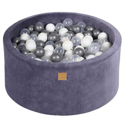 MeowBaby® Velvet Szaroniebieski Okrągły Suchy Basen 90x40cm dla Dziecka, piłki: Biała perła/Transparent/Srebrny