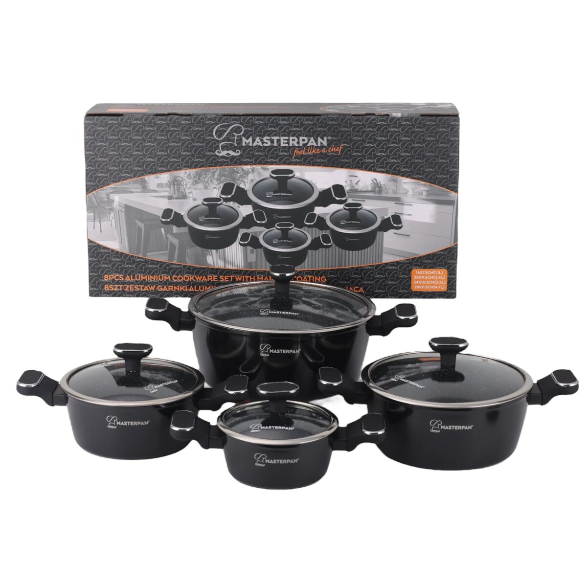 Zestaw Garnków Marmurowych 8-El. Czarne 16/20/24/28 Cm Indukcja Gaz
