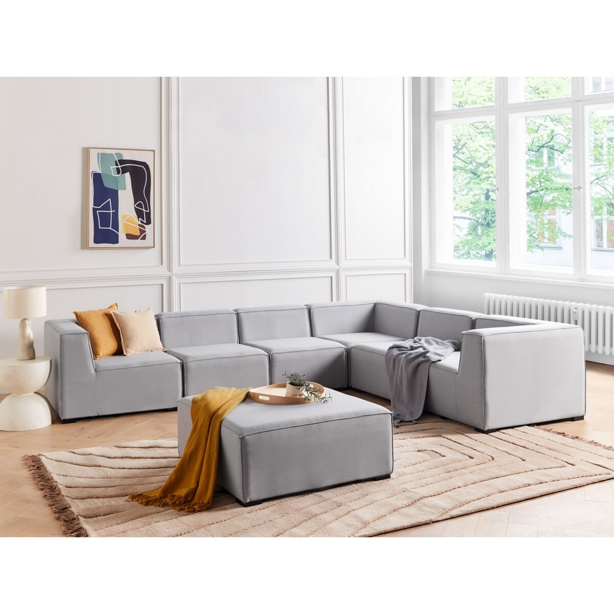 Narożnik ogrodowy z otomaną dla 7 osób AREZZO Lewostronny Modułowy Jasnoszary