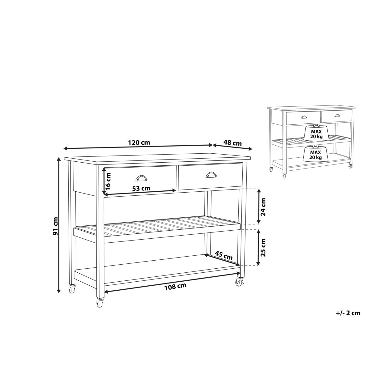 Drewniany wózek kuchenny 2 szuflady czarny NAVARINO