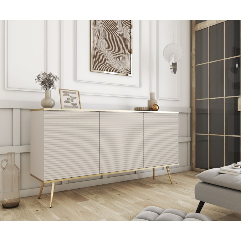 Komoda 160 POLO na wysokich złotych nóżkach, ryflowane fronty, beżowa