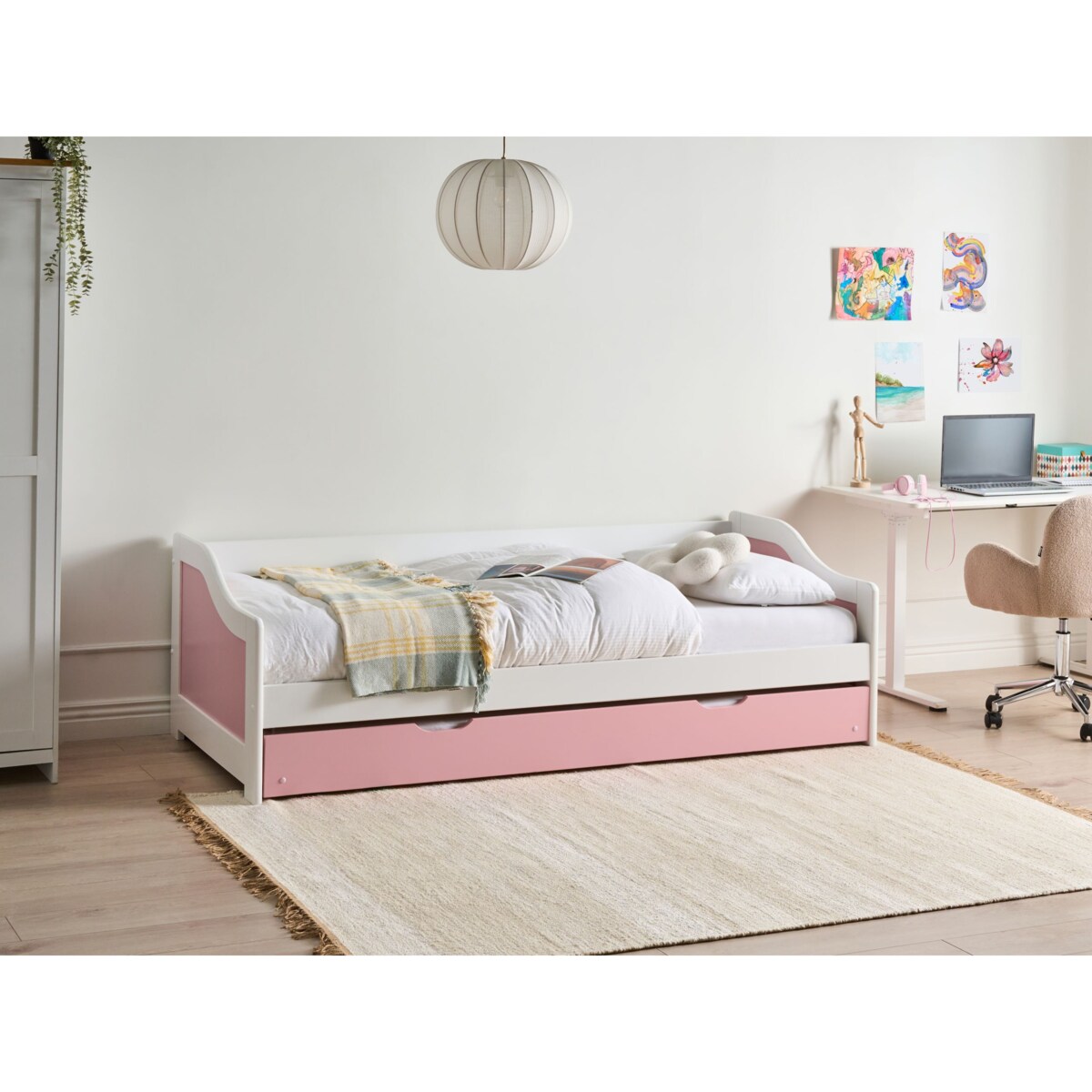 Łóżko wysuwane Drewno sosnowe LUNERAY 90 x 200 cm Różowy