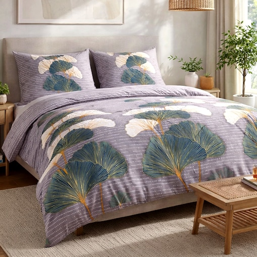 Pościel flanelowa 140x200 Solenne Dark szara, liście miłorzębu, Flanelove