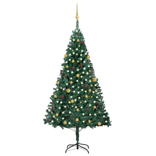 vidaXL Sztuczna choinka z lampkami i bombkami, zielona, 240 cm