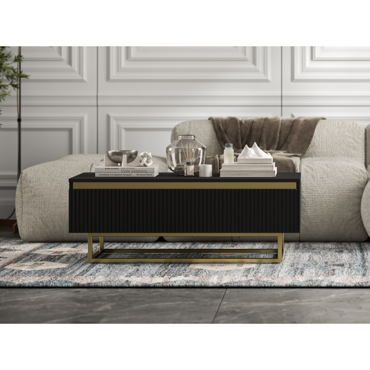 Stolik kawowy Glamour prostokątny elegancka ława Czarny Mat Stelaż w złotym kolorze 109 cm