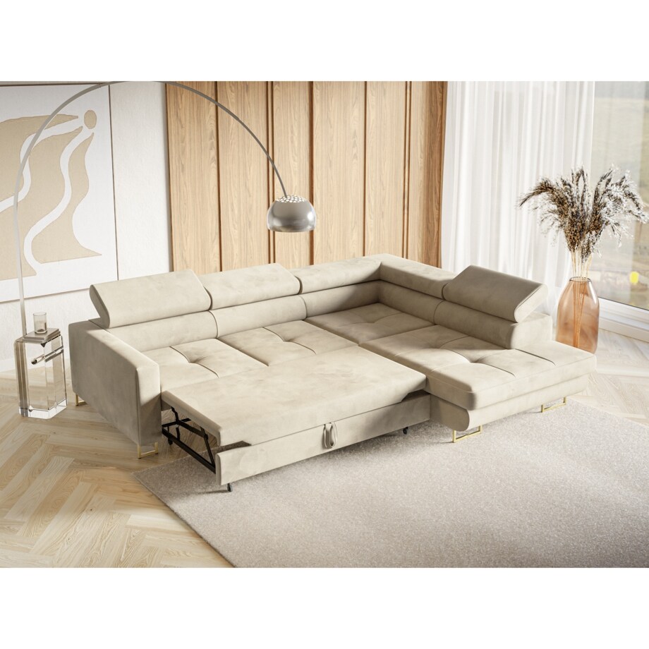 Narożnik rozkładany MERY z regulowanymi zagłówkami na złotych nóżkach prawy