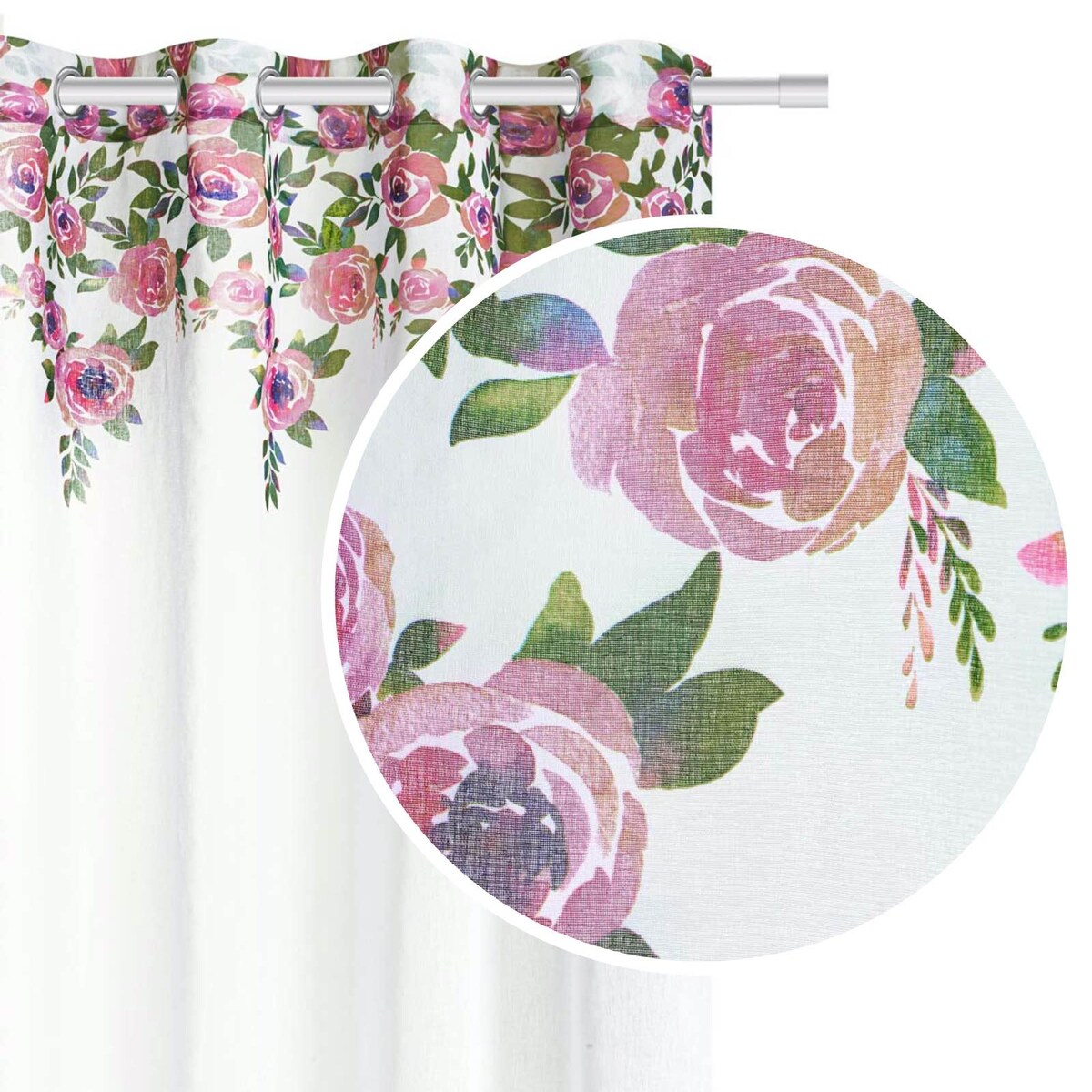 Biała Zasłona do Salonu w Kwiaty 140 x 250 Dekoracyjna Róże Piwonie Kwiaty
