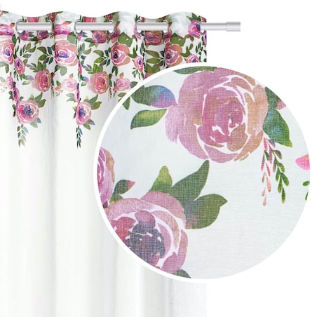 Biała Zasłona do Salonu w Kwiaty 140 x 250 Dekoracyjna Róże Piwonie Kwiaty