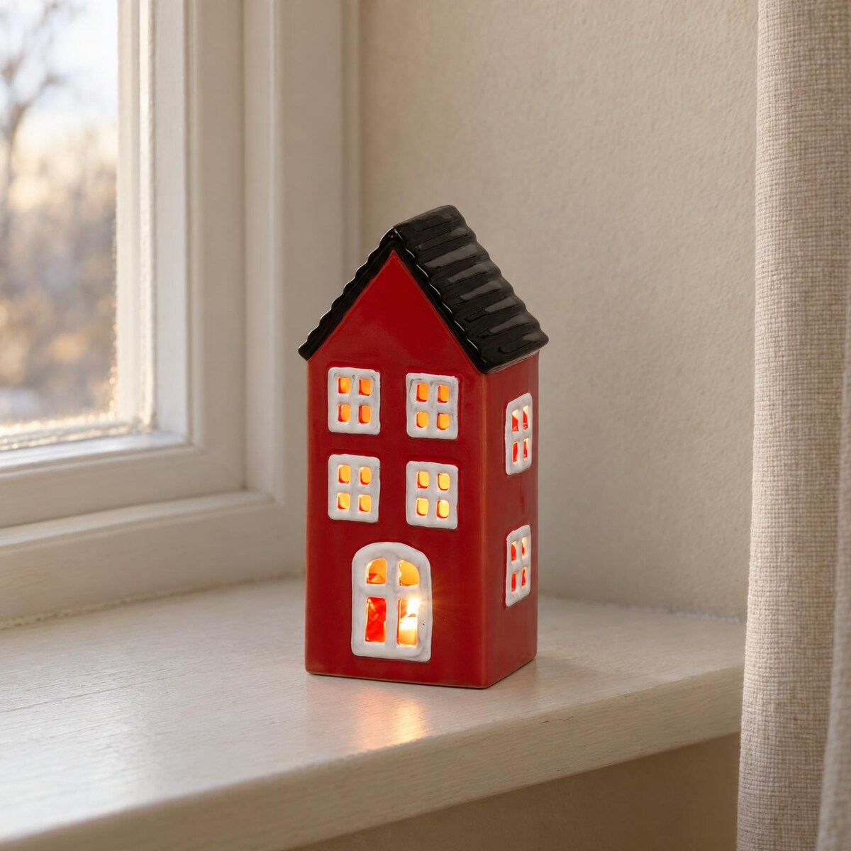 Lampion ceramiczny domek COPENHAGEN z oświetleniem LED, 6,5 x 8 x 17 cm