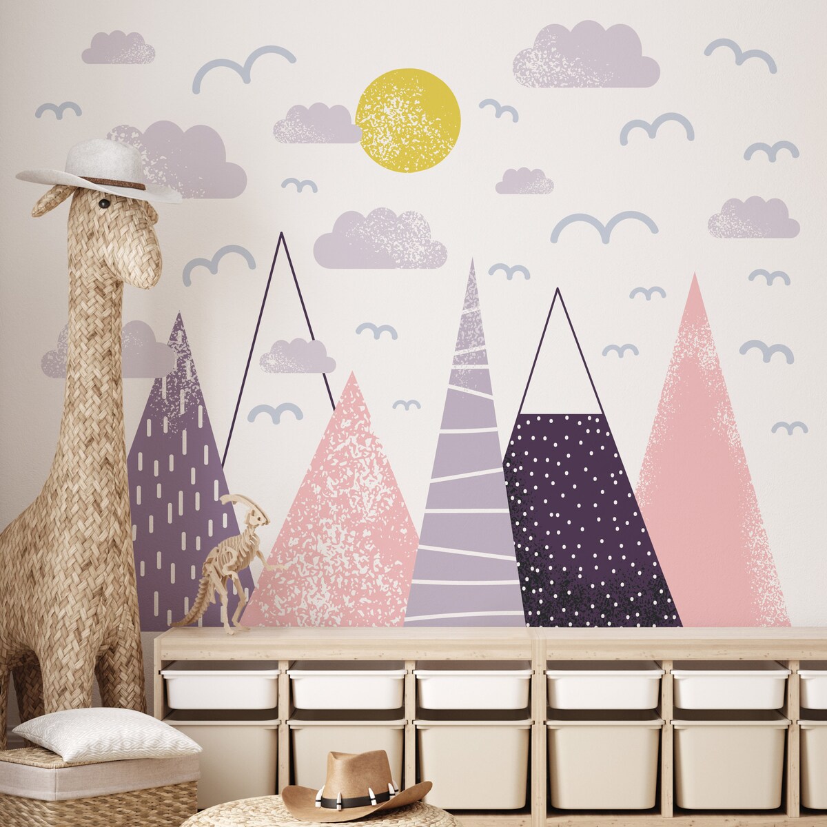 ZESTAW NAKLEJEK DLA DZIECI PTAKI CHMURY RÓŻOWE GÓRY SŁOŃCE