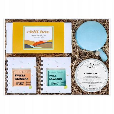 ZESTAW PREZENTOWY UPOMINKOWY "BIG CHILL BOX" - HERBATA SYPANA 2X ŚWIECA SOJOWA KUBEK Z ZAPARZACZEM I POKRYWKĄ - PREZENT UPOMINEK DLA KOBIETY FACETA NIEJ NIEGO