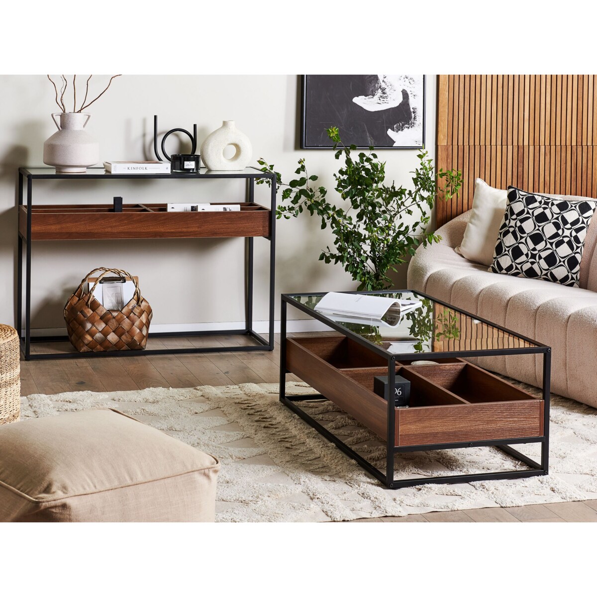 Konsola szklana ciemne drewno z czarnym WACO