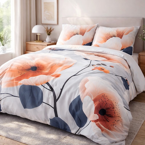 Pościel satyna bawełniana 140x200 Satynlove Premium szara z pomarańczowymi kwiatami