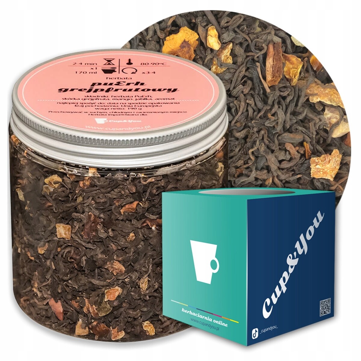 Herbata czerwona pu-erh GREJPFRUTOWY o smaku orzeźwiającego grejpfruta - herbata liściasta sypana mieszanka napar susz - gotowa na prezent upominek