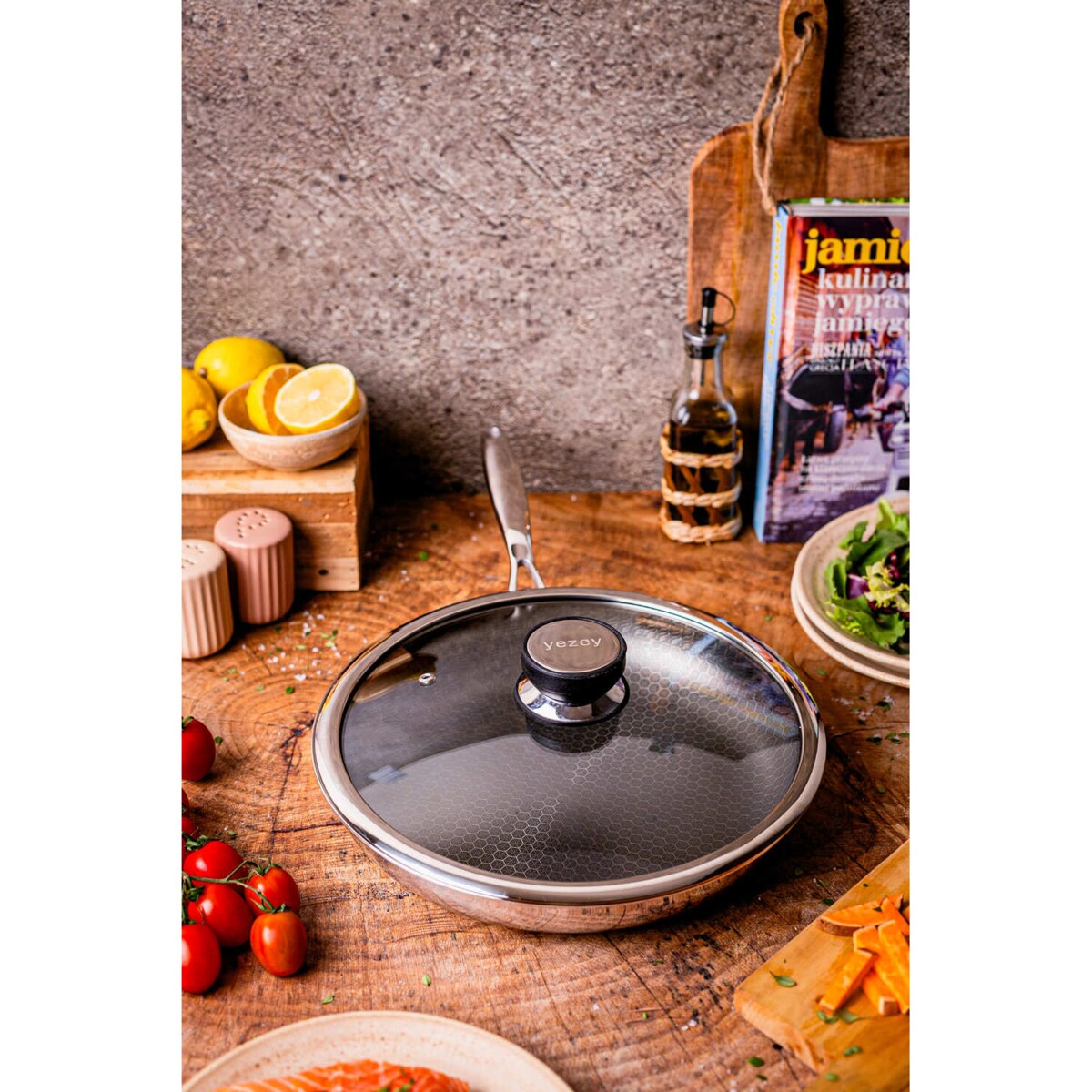 Profesjonalna patelnia ceramiczna Kanso 28 cm z pokrywką Plaster miodu Na indukcje Na gaz Nierdzewna