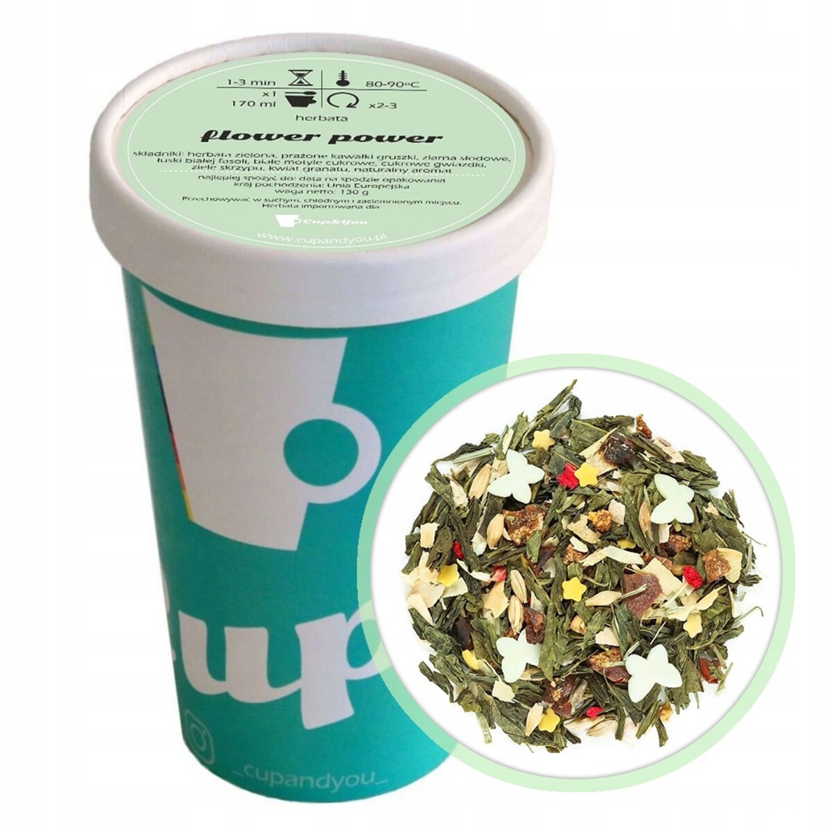 Herbata zielona FLOWER POWER kwiat granatu ziele skrzypu dekorki 130g - herbata liściasta sypana mieszanka napar susz