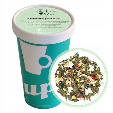 Herbata zielona FLOWER POWER kwiat granatu ziele skrzypu dekorki 130g - herbata liściasta sypana mieszanka napar susz