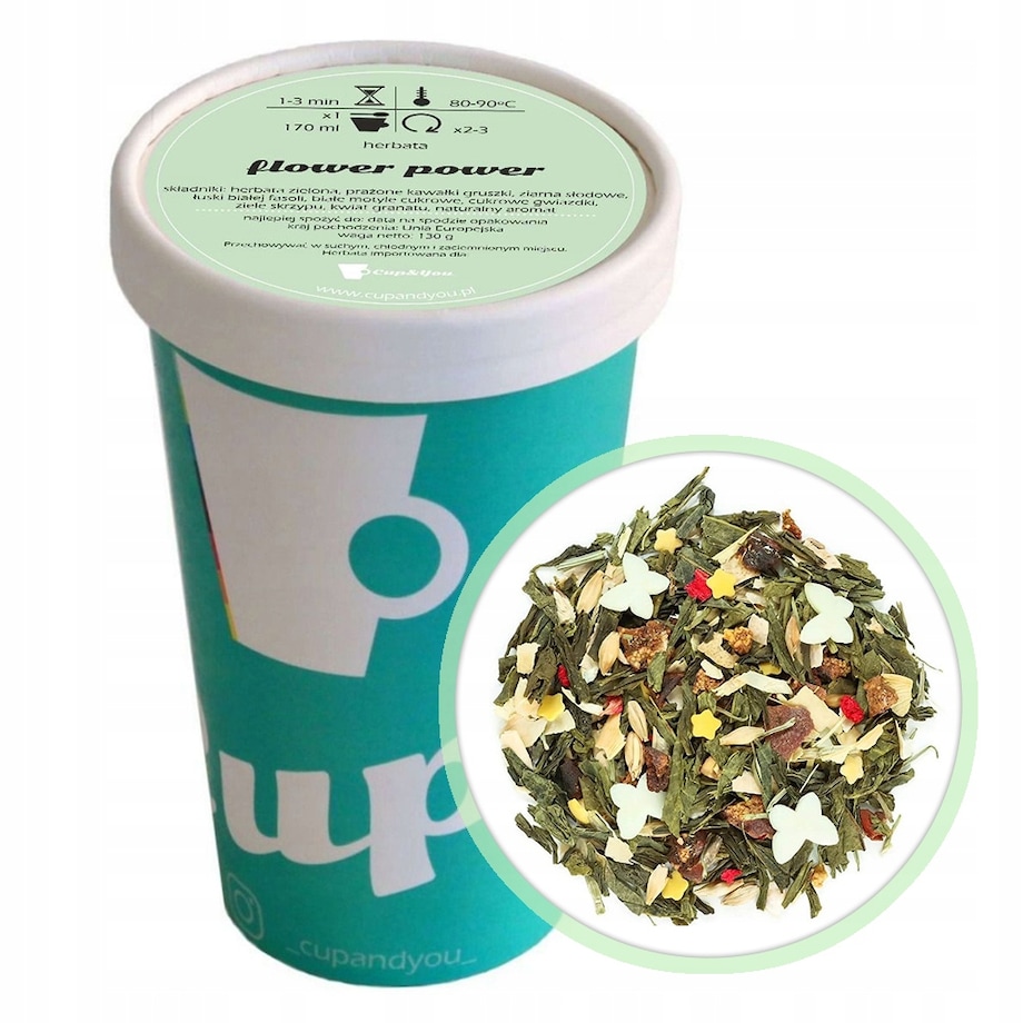 Herbata zielona FLOWER POWER kwiat granatu ziele skrzypu dekorki 130g - herbata liściasta sypana mieszanka napar susz