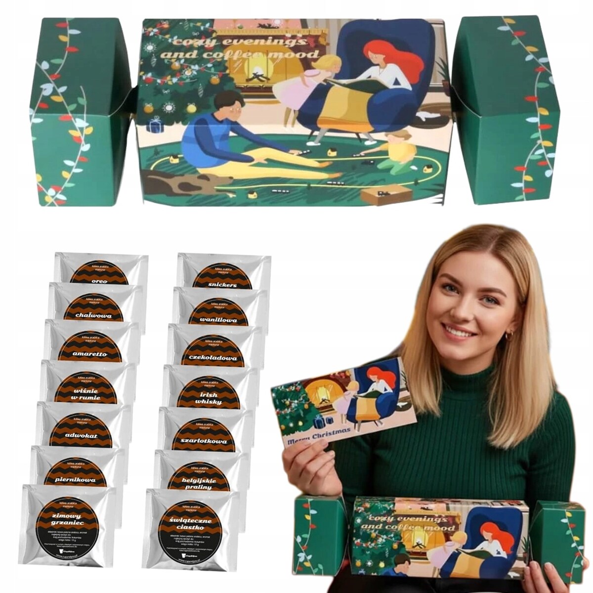 ŚWIĄTECZNY CRACKER COFFEE MOOD Z KAWĄ SMAKOWĄ PREMIUM 10 SMAKÓW W SASZETKACH + POCZTÓWKA - PREZENT UPOMINEK NA MIKOŁAJA ŚWIĘTA GWIAZDKĘ BOŻE NARODZENIE POD CHOINKĘ DLA KOBIETY FACETA