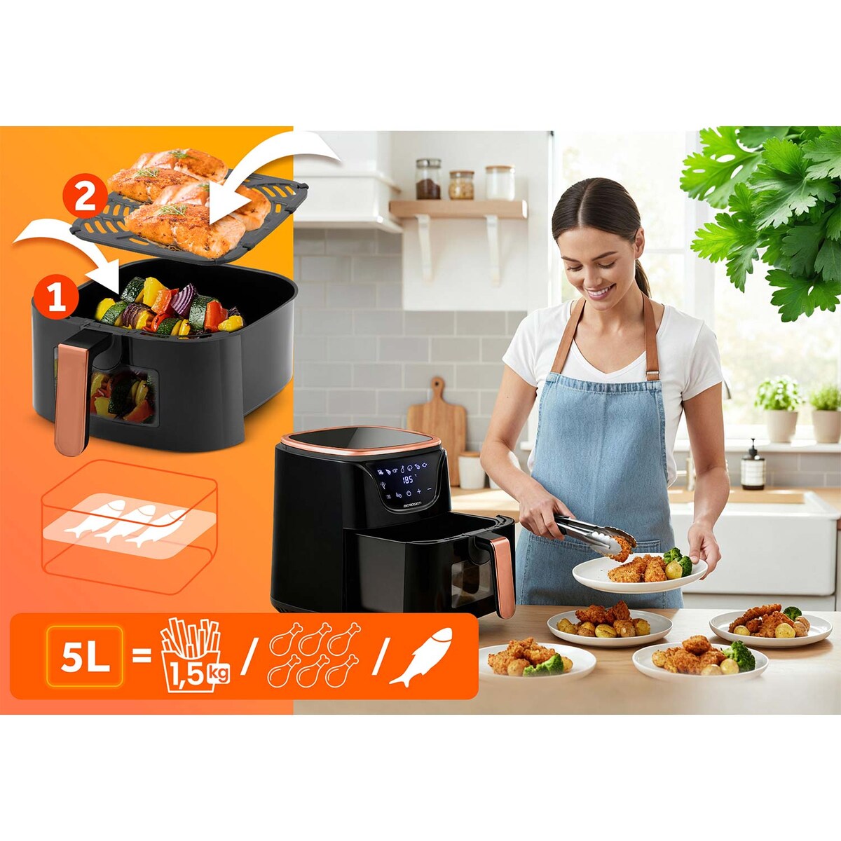 Frytkownica beztłuszczowa AIR FRYER 5l 1500w Berdsen