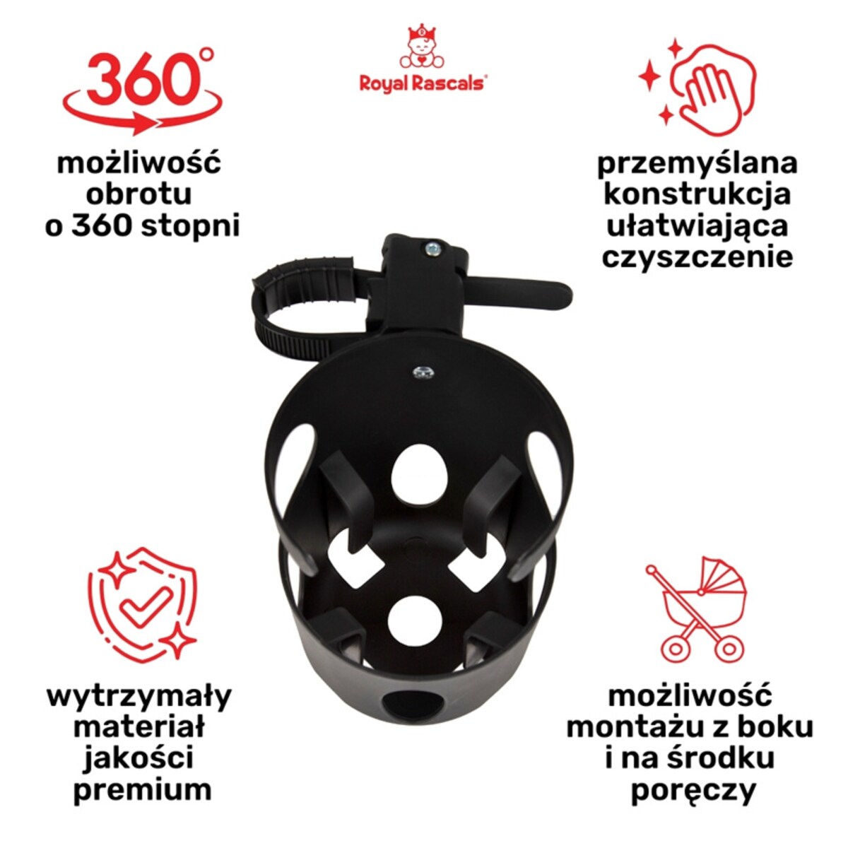 Uniwersalny uchwyt na kubek do wózka dziecięcego czarny 1 szt., Royal Rascals