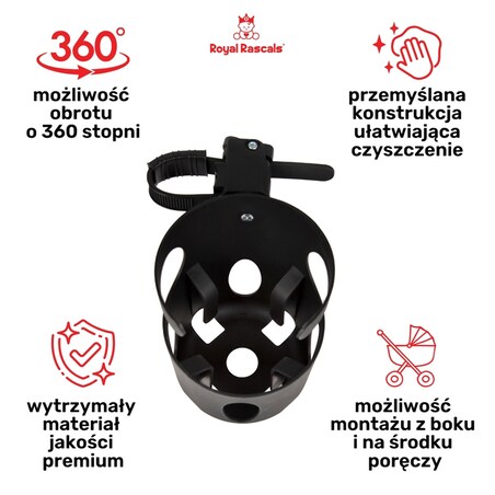Uniwersalny uchwyt na kubek do wózka dziecięcego czarny 1 szt., Royal Rascals