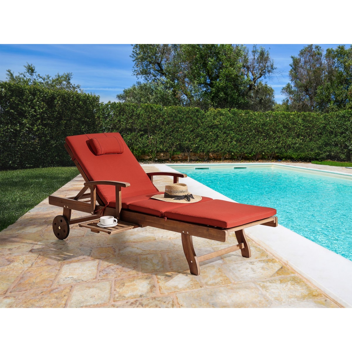 Leżak ogrodowy z poduszką AMANTEA PREMIUM Drewno akacjowe Czerwony