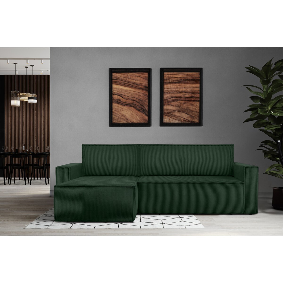 KONSIMO NAPI Duża rozkładana sztruksowa sofa, ciemnozielona, ​​prawa/lewa