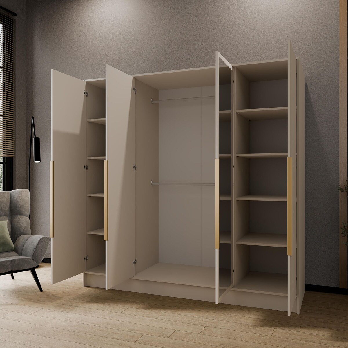 Szafa 200 gładka LUSO z lustrem i złotymi uchwytami, kaszmirowa