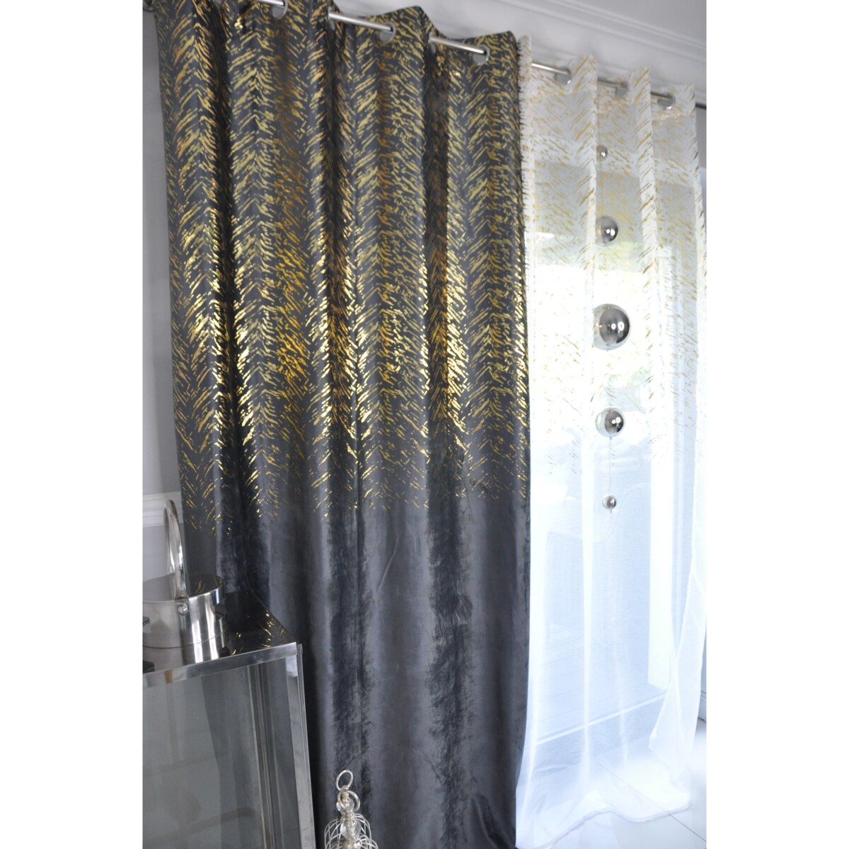 zasłona welurowa "velvet glow" złoty print 140x250 cm stalowy