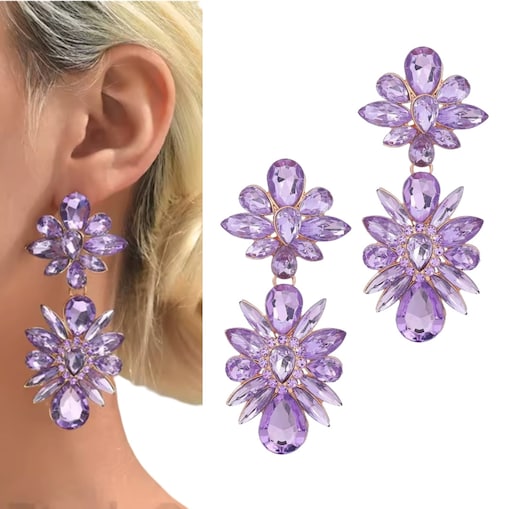 Długie kolczyki złote lawendowe fioletowe kryształowe cyrkonie błyszczące