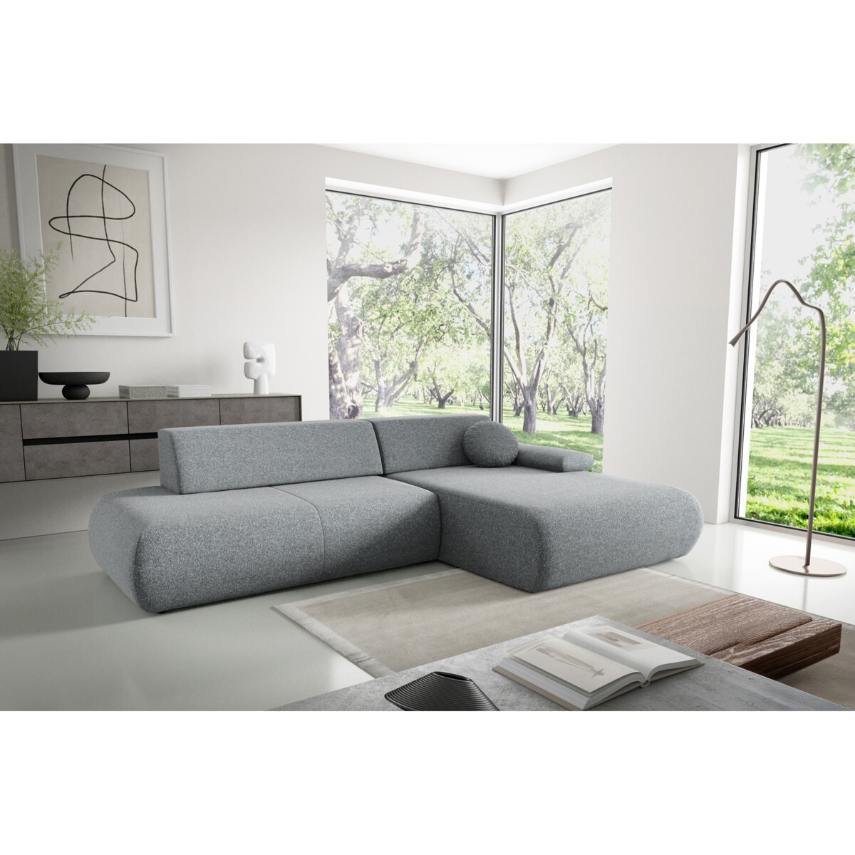 Narożnik rozkładany PENTI z pojemnikiem na pościel, prawy, ciemno-szary