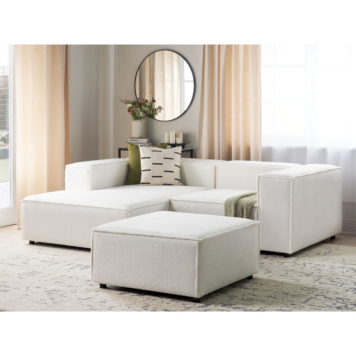 Narożnik modułowy ARDAL Boucle Biały z otomaną dla 2 osób Prawostronny