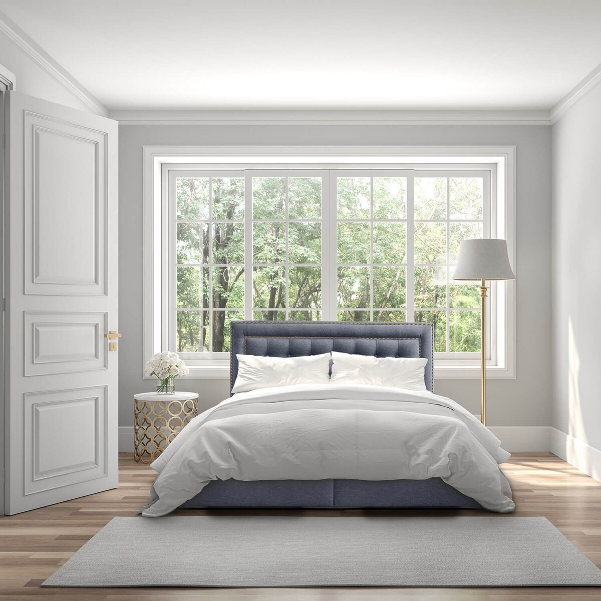 Łóżko tapicerowane BALFORD 200x200 z pojemnikiem, Niebieskoszary, tkanina Megan 360