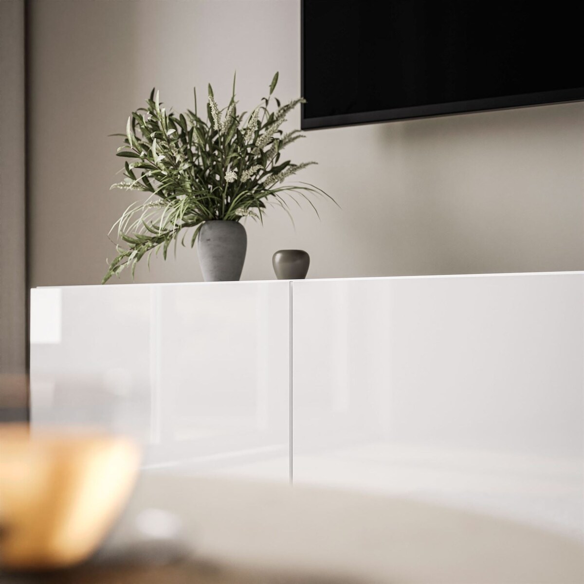 Szafka RTV COLGANTE 200 cm biały połysk nogi czarne metalowe