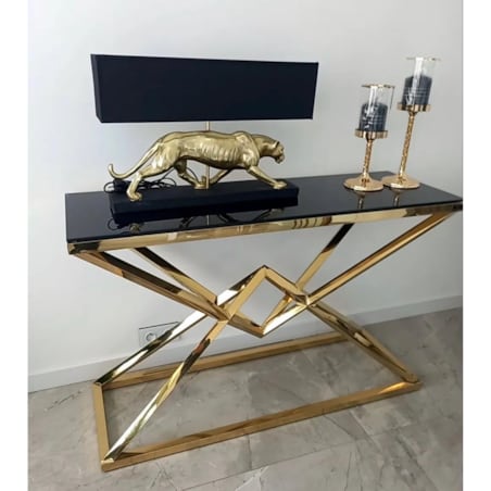 Nowoczesna złota konsola ze stali nierdzewnej z czarną szybą nowojorska Diament Glamour 120x40x80