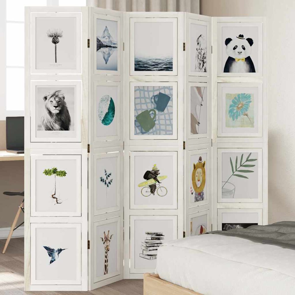 vidaXL Parawan pokojowy, 5-panelowy, biały, lite drewno paulowni