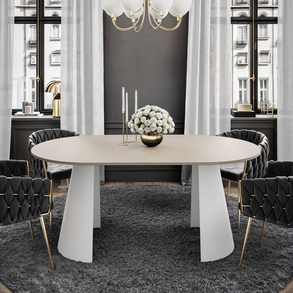Okrągły stół rozkładany LAVA, średnica 120cm, biały / kaszmir mat