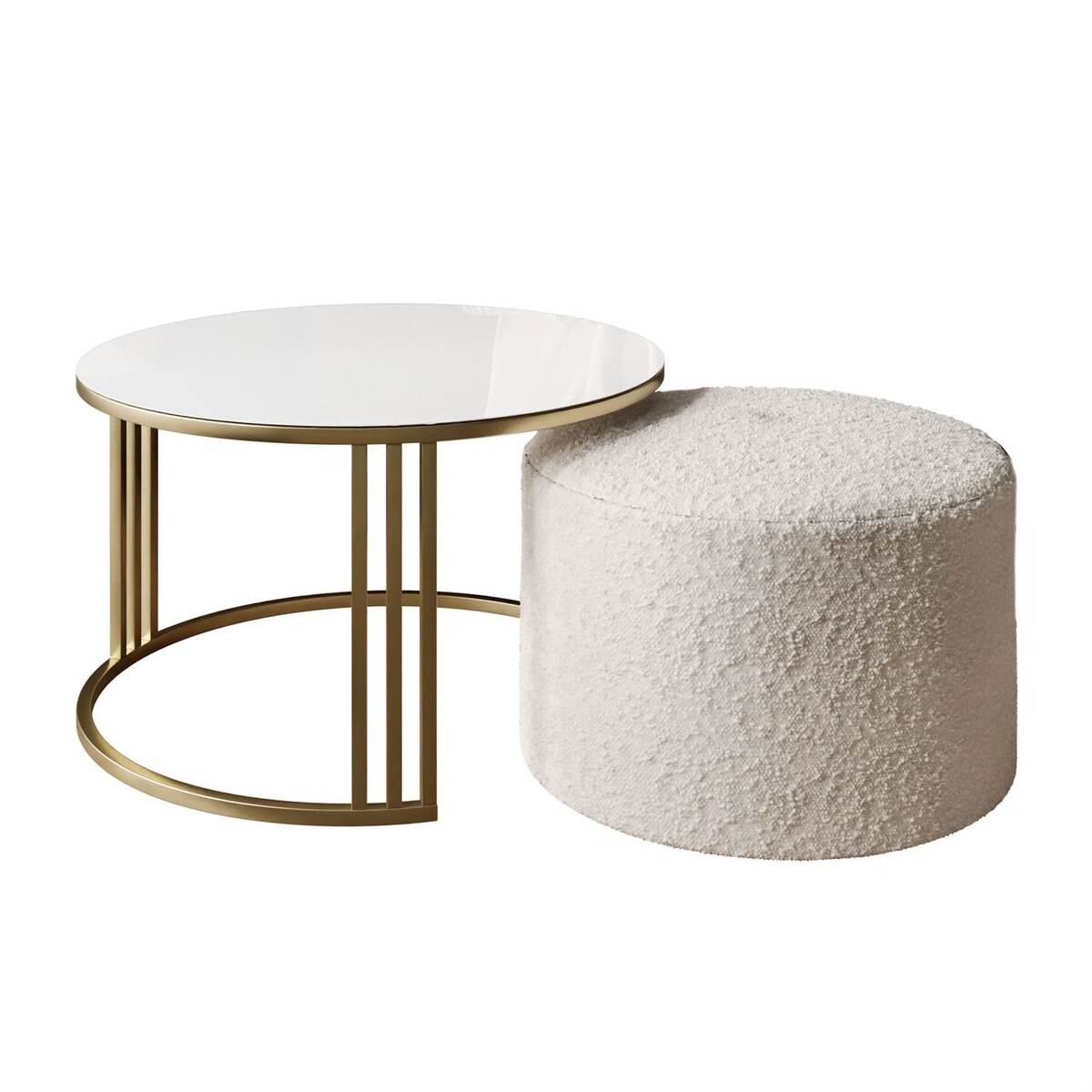 Stolik kawowy z pufą LORI GLASS złoto szczotkowane, białe szkło / Coral 65