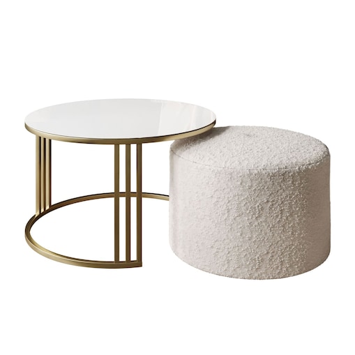 Stolik kawowy z pufą LORI GLASS złoto szczotkowane, białe szkło / Coral 65