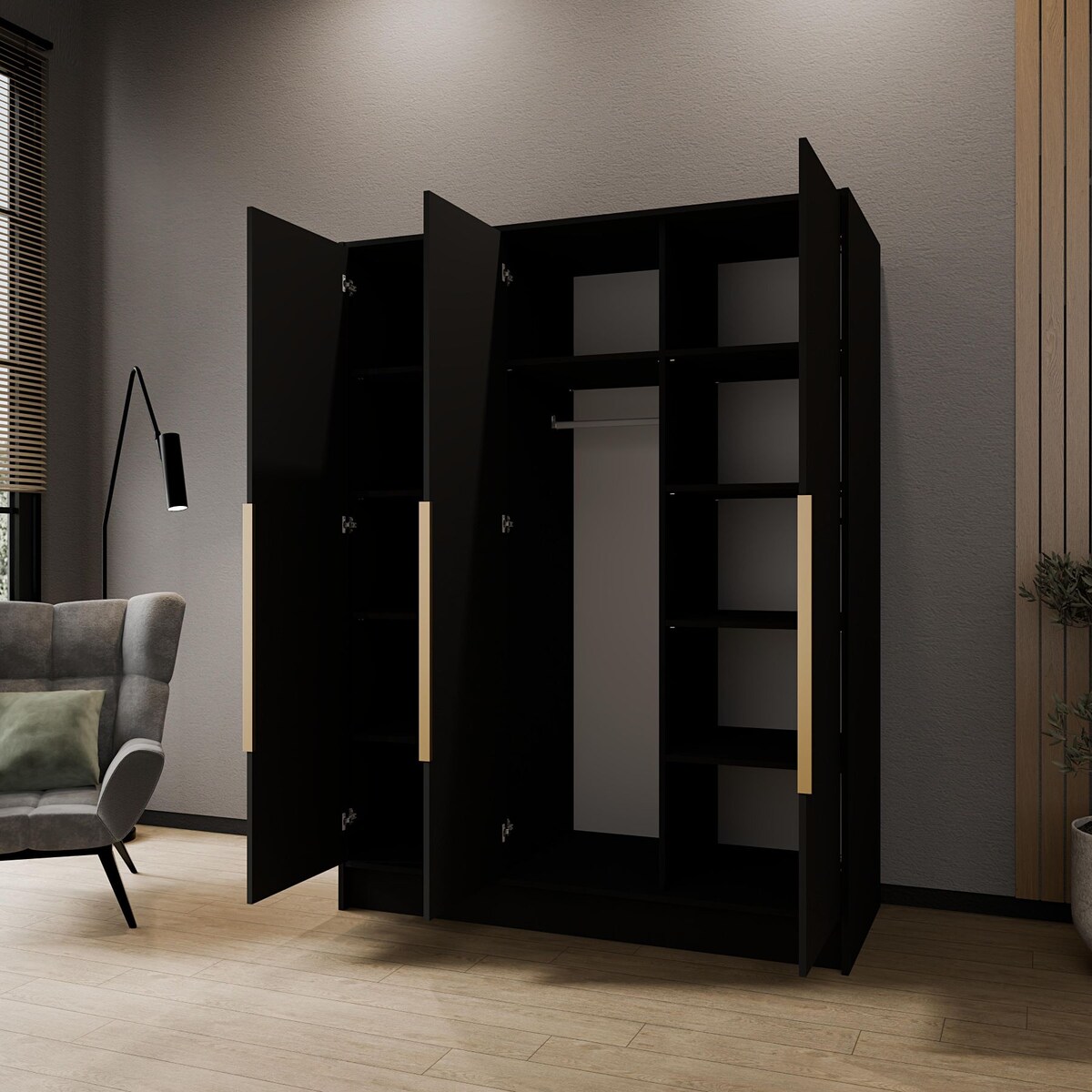 Szafa 150 gładka ORTO bez lustra ze złotymi uchwytami, czarna