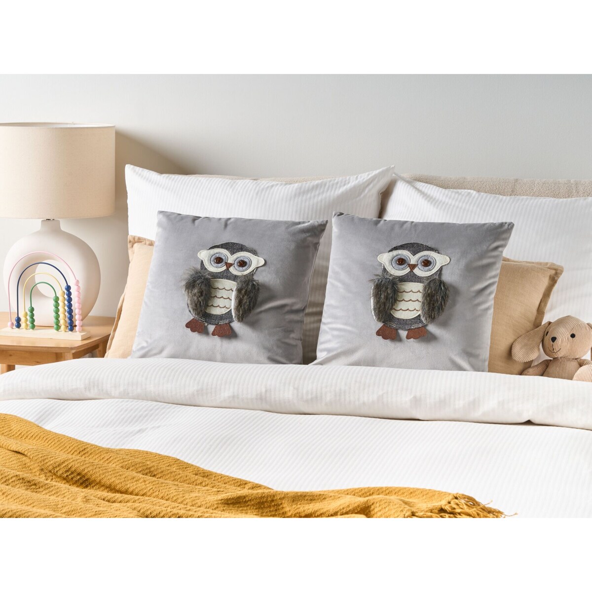2 welurowe poduszki dla dzieci w sowy 45 x 45 cm szare OPHYRYS