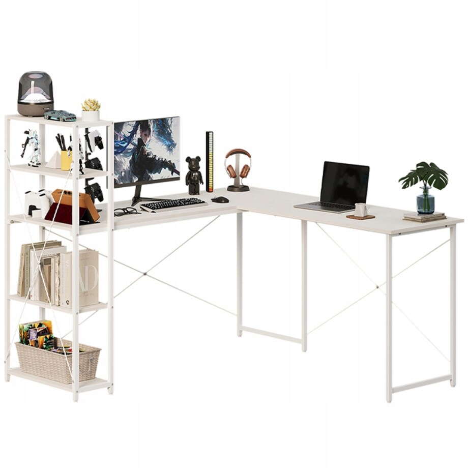 Biurko komputerowe narożne półkami regałem białe eleganckie szkolne loft
