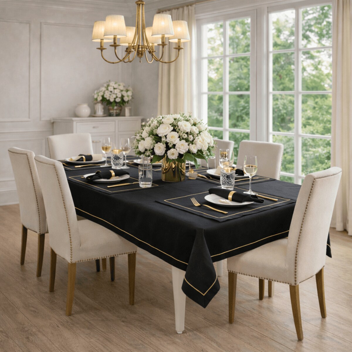 Lniany obrus Royal Black Goldenline – 140 × 200 cm