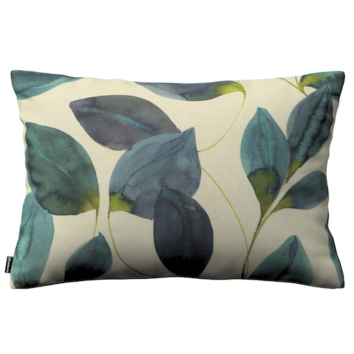 Poszewka Kinga na poduszkę prostokątną 60x40 liście w kolorze szmaragdowej zieleni z fioletem na lnianym tle